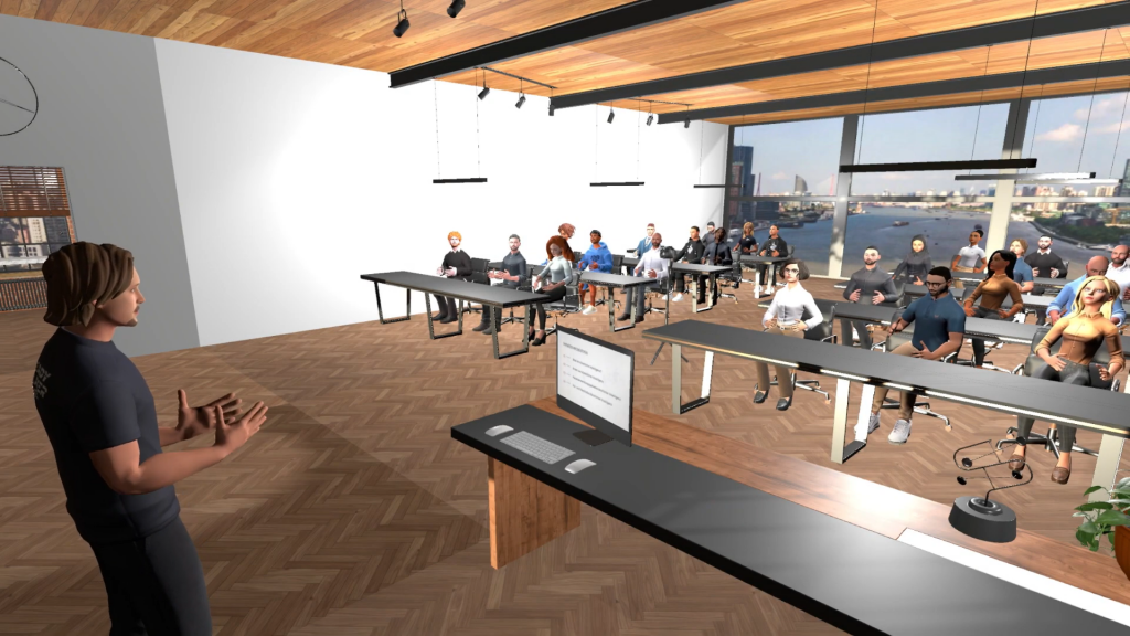 Mann in virtueller Umgebung während Training einer Präsentation
